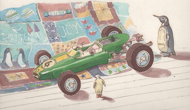 Toy racing car and penguins